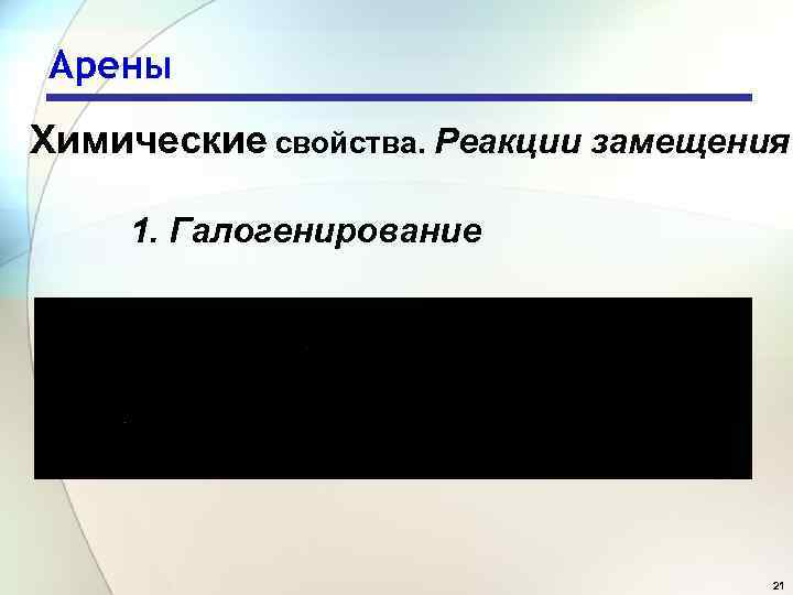 Арены Химические свойства. Реакции замещения 1. Галогенирование 21 