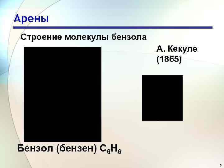 Арены Строение молекулы бензола А. Кекуле (1865) Бензол (бензен) С 6 Н 6 3