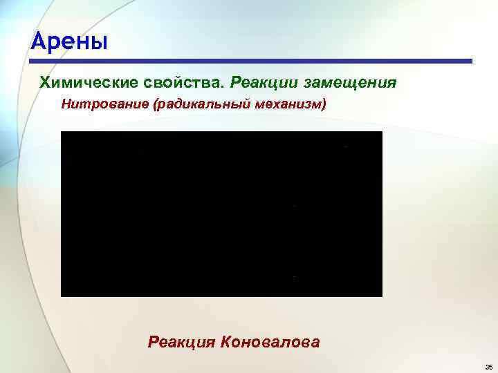 Арены Химические свойства. Реакции замещения Нитрование (радикальный механизм) Реакция Коновалова 35 