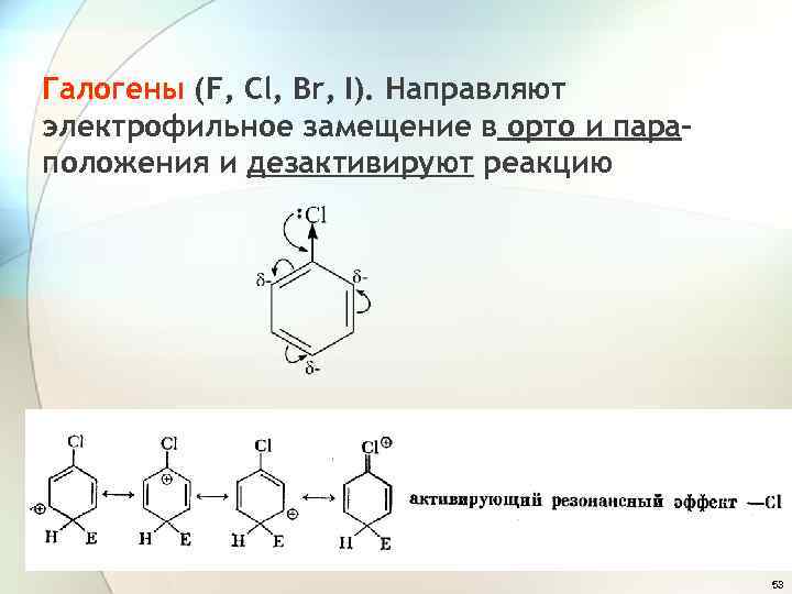 Галогены (F, Cl, Br, I). Направляют электрофильное замещение в орто и параположения и дезактивируют