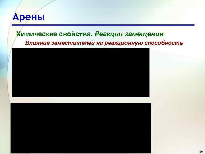 Арены Химические свойства. Реакции замещения Влияние заместителей на реакционную способность 66 