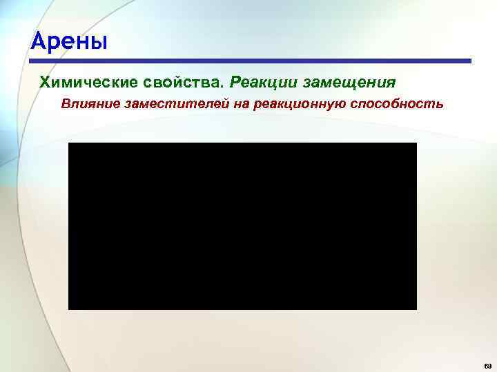 Арены Химические свойства. Реакции замещения Влияние заместителей на реакционную способность 69 