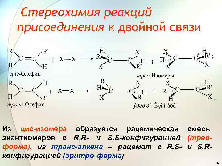 Стереохимия реакций присоединения к двойной связи Из цис-изомера образуется рацемическая смесь энантиомеров с R,