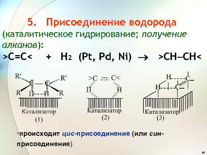 5. Присоединение водорода (каталитическое гидрирование; получение алканов): >C=C< + H 2 (Pt, Pd, Ni)