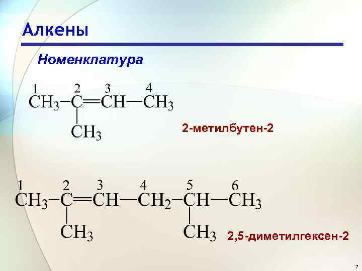 Алкены Номенклатура 2 -метилбутен-2 2, 5 -диметилгексен-2 7 