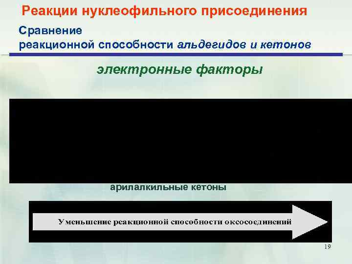 Реакции нуклеофильного присоединения Сравнение реакционной способности альдегидов и кетонов электронные факторы арилалкильные кетоны 19