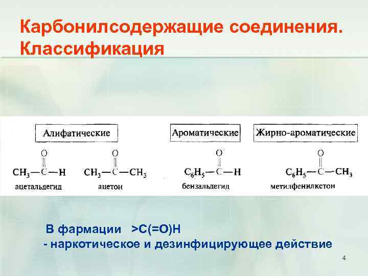 Карбонилсодержащие соединения. Классификация В фармации >С(=О)Н - наркотическое и дезинфицирующее действие 4 
