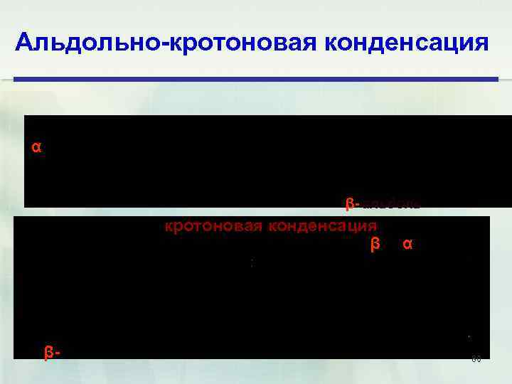 Альдольно-кротоновая конденсация Альдольная конденсация α β- альдоль кротоновая конденсация β β- α 80 