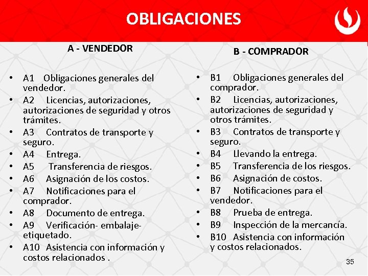 OBLIGACIONES A - VENDEDOR • A 1 Obligaciones generales del vendedor. • A 2