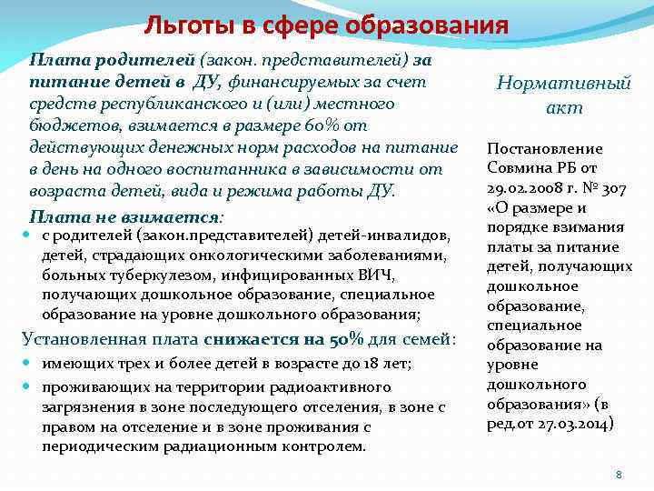 Льготы в сфере образования Плата родителей (закон. представителей) за питание детей в ДУ, финансируемых