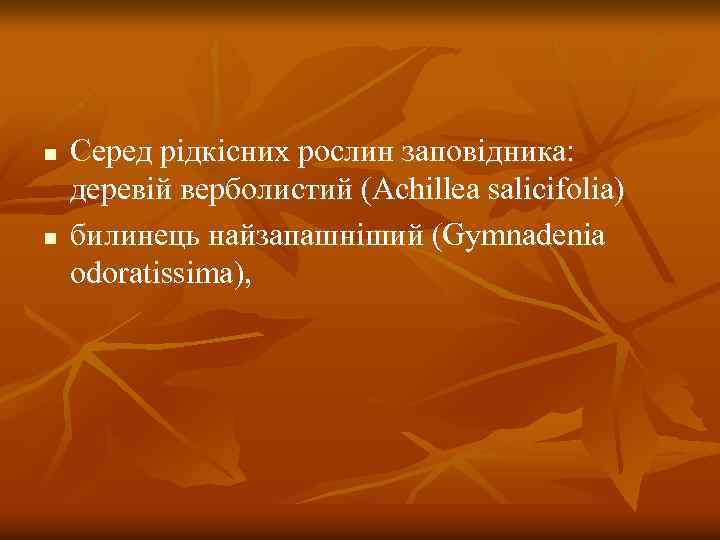 n n Серед рiдкicних рослин заповідника: деревій верболистий (Achillea salicifolia) билинець найзапашніший (Gymnadenia odoratissima),