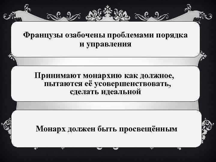 Французы озабочены проблемами порядка и управления Принимают монархию как должное, пытаются её усовершенствовать, сделать