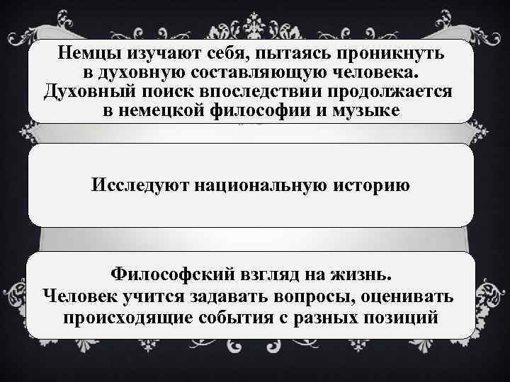 Немцы изучают себя, пытаясь проникнуть в духовную составляющую человека. Духовный поиск впоследствии продолжается в