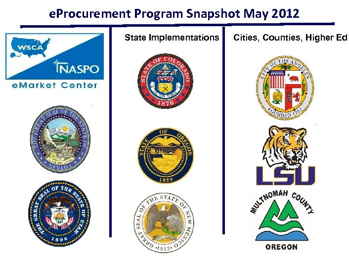 e. Procurement Program Snapshot May 2012 State Implementations Cities, Counties, Higher Ed 