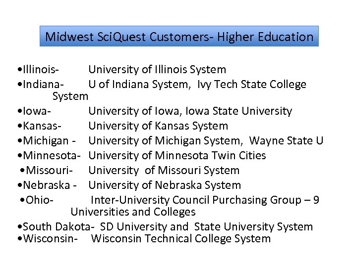 Midwest Sci. Quest Customers- State Higher Ed Midwest Sci. Quest Customers- Higher Education •