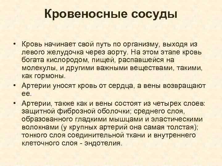 Кровеносные сосуды • Кровь начинает свой путь по организму, выходя из левого желудочка через
