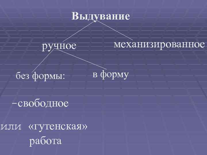 Выдувание ручное без формы: -свободное или «гутенская» работа механизированное в форму 