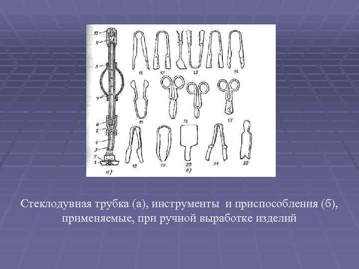 Стеклодувная трубка (а), инструменты и приспособления (б), применяемые, при ручной выработке изделий 