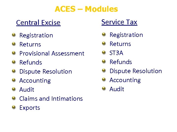 ACES – Modules Central Excise Registration Returns Provisional Assessment Refunds Dispute Resolution Accounting Audit