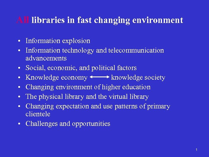 All libraries in fast changing environment • Information explosion • Information technology and telecommunication