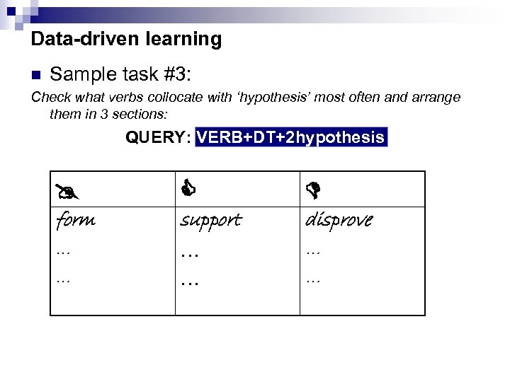 Data-driven learning n Sample task #3: Check what verbs collocate with ‘hypothesis’ most often