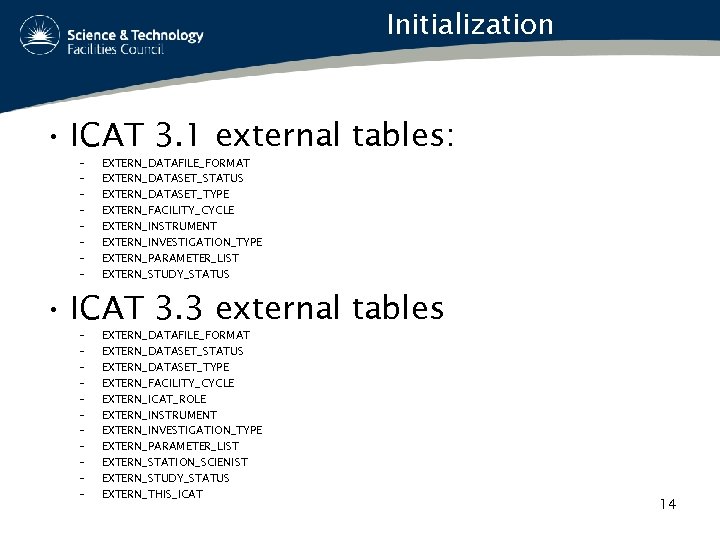 Initialization • ICAT 3. 1 external tables: – – – – EXTERN_DATAFILE_FORMAT EXTERN_DATASET_STATUS EXTERN_DATASET_TYPE