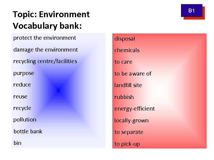 B 1 Topic: Environment Vocabulary bank: protect the environment disposal damage the environment chemicals