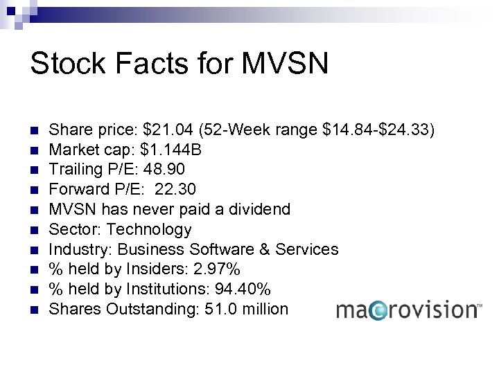 Stock Facts for MVSN n n n n n Share price: $21. 04 (52