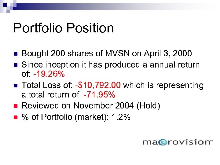 Portfolio Position n n Bought 200 shares of MVSN on April 3, 2000 Sinception