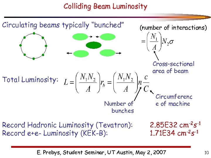 Colliding Beam Luminosity Circulating beams typically “bunched” (number of interactions) Cross-sectional area of beam