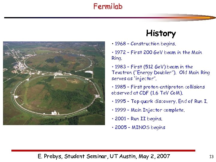 Fermilab History • 1968 – Construction begins. • 1972 – First 200 Ge. V