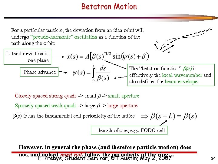 Betatron Motion For a particular particle, the deviation from an idea orbit will undergo
