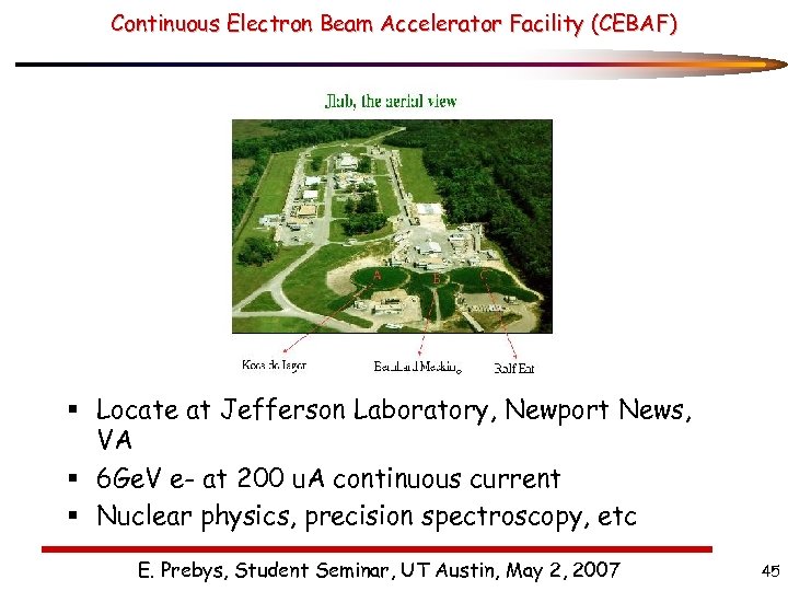 Continuous Electron Beam Accelerator Facility (CEBAF) § Locate at Jefferson Laboratory, Newport News, VA