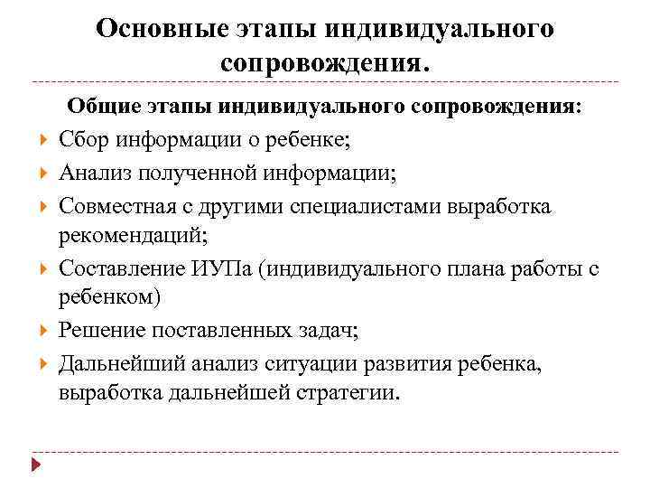 Основные этапы индивидуального сопровождения. Общие этапы индивидуального сопровождения: Сбор информации о ребенке; Анализ полученной