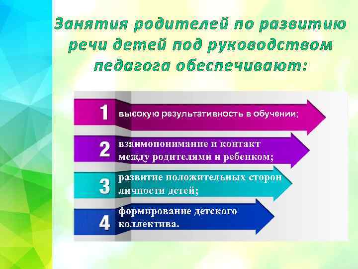 Занятия родителей по развитию речи детей под руководством педагога обеспечивают: высокую результативность в обучении;