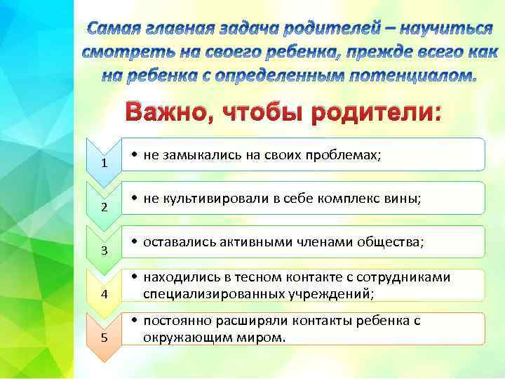 Важно, чтобы родители: 1 2 3 • не замыкались на своих проблемах; • не