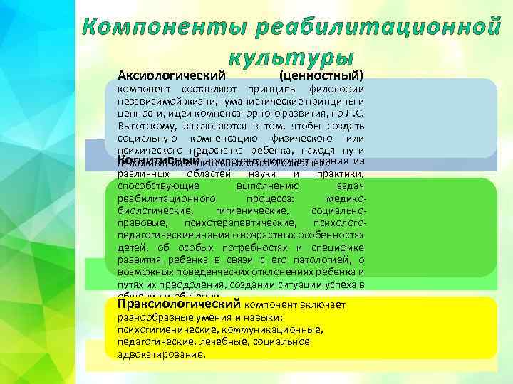 Компоненты реабилитационной культуры Аксиологический (ценностный) компонент составляют принципы философии независимой жизни, гуманистические принципы и