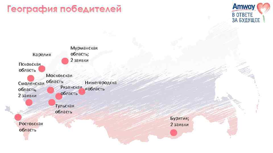 География победителей Карелия Псковская область Мурманская область; 2 заявки Московская Нижегородска Смоленская область Рязанская