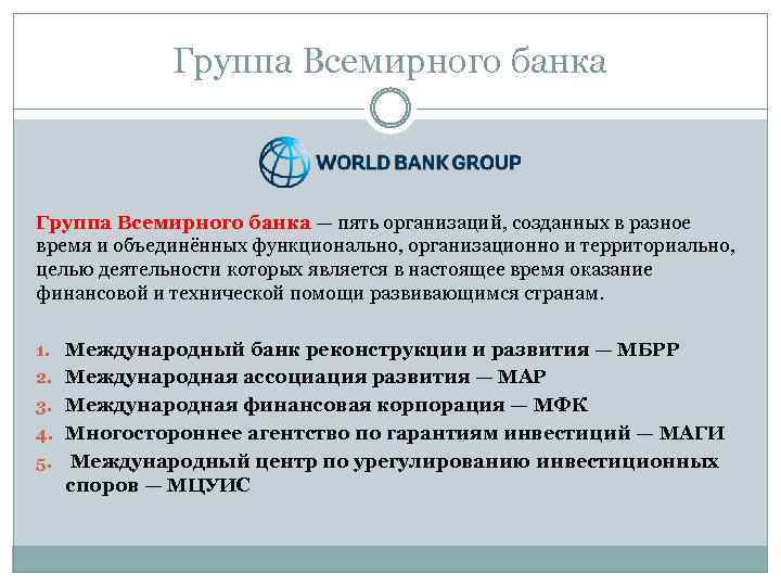 Группа Всемирного банка — пять организаций, созданных в разное время и объединённых функционально, организационно