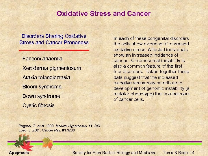 Oxidative Stress and Cancer Disorders Sharing Oxidative Stress and Cancer Proneness Fanconi anaemia Xeroderma