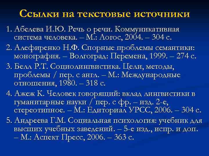 Ссылки на текстовые источники 1. Абелева И. Ю. Речь о речи. Коммуникативная система человека.