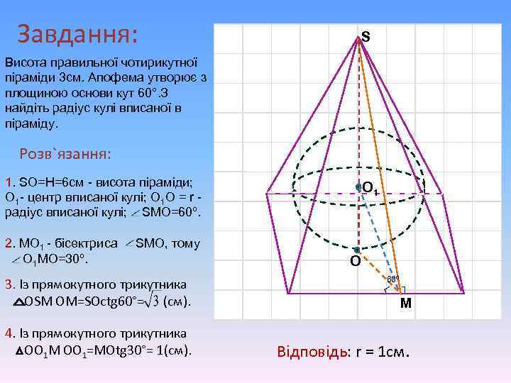 Завдання: S Висота правильної чотирикутної піраміди 3 см. Апофема утворює з площиною основи кут
