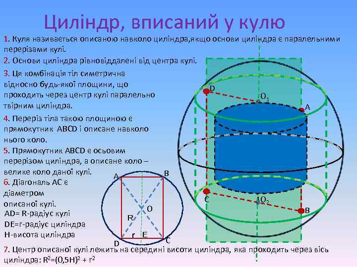 Циліндр, вписаний у кулю 1. Куля називається описаною навколо циліндра, якщо основи циліндра є