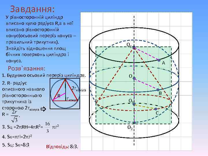 Завдання: У рівносторонній циліндр вписано кулю радіуса R, а в неї вписано рівносторонній конус(осьовий
