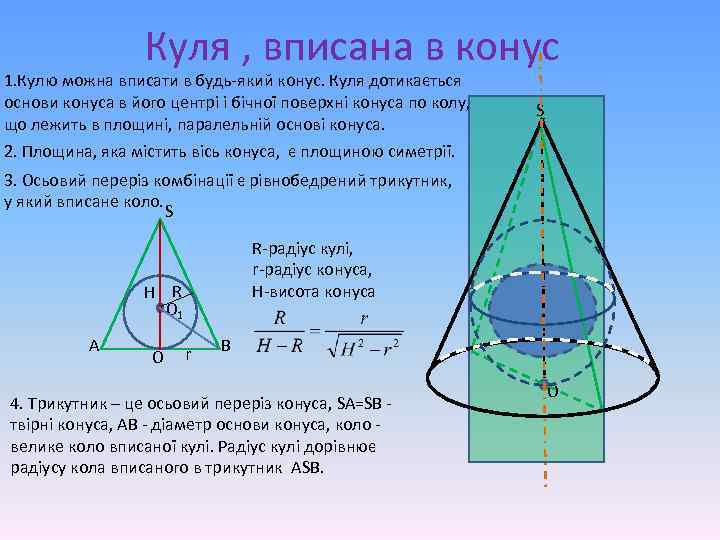 Куля , вписана в конус 1. Кулю можна вписати в будь-який конус. Куля дотикається