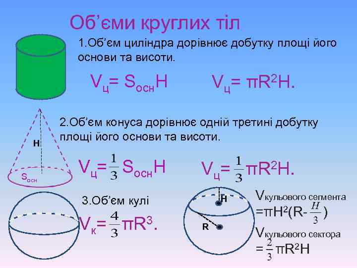 Об’єми круглих тіл 1. Об’єм циліндра дорівнює добутку площі його основи та висоти. Vц=