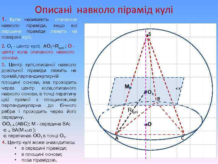 Описані навколо пірамід кулі 1. Кулю називають описаною навколо піраміди, якщо всі вершини піраміди