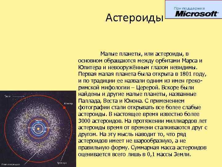 Астероиды Малые планеты, или астероиды, в основном обращаются между орбитами Марса и Юпитера и