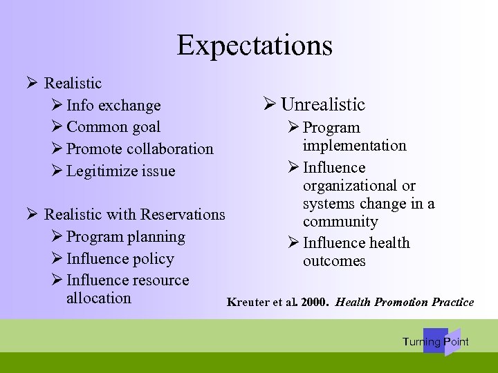 Expectations Ø Realistic Ø Info exchange Ø Common goal Ø Promote collaboration Ø Legitimize