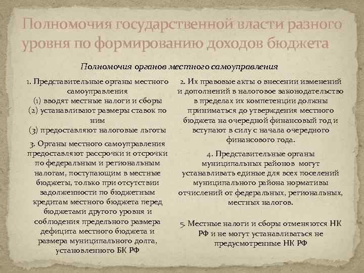 Полномочия государственной власти разного уровня по формированию доходов бюджета Полномочия органов местного самоуправления 1.